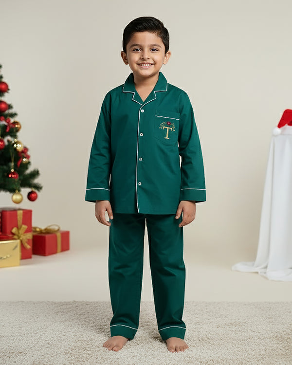 Pine Green Personalised Cotton Notched Pyjama Set - Kids