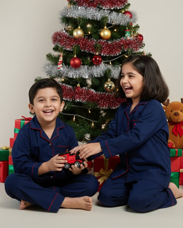 Silent Navy Personalised Cotton Notched Pyjama Set - Kids