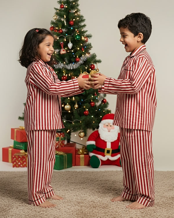 Cranberry Stripe Cotton Notched Pyjama Set - Kids