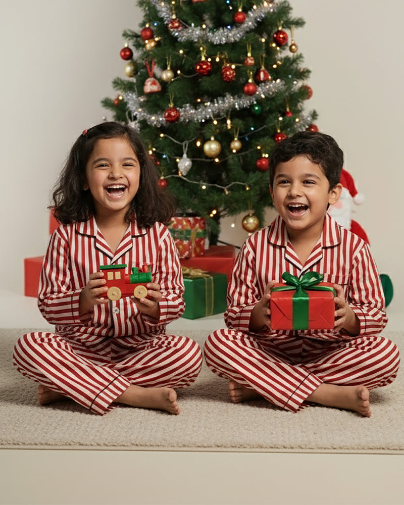 Cranberry Stripe Cotton Notched Pyjama Set - Kids