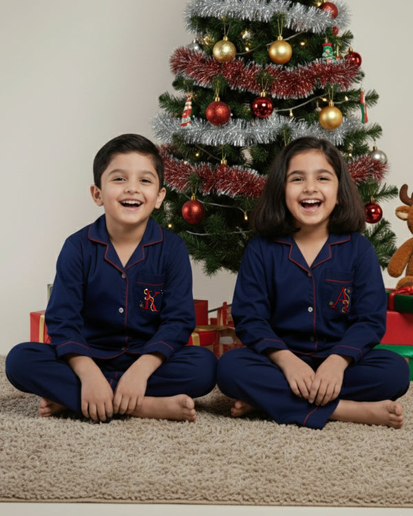 Silent Navy Personalised Cotton Notched Pyjama Set - Kids