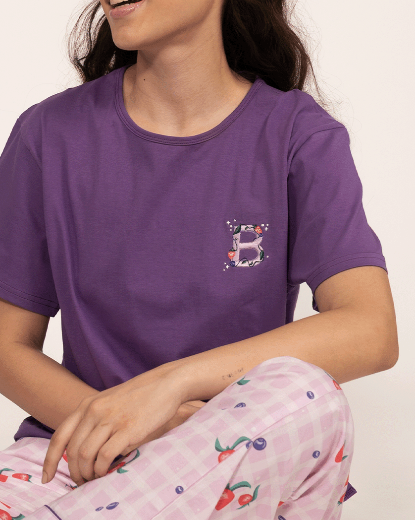 Berry Patch Embroidered T-shirt & Cotton Pyjama - Women