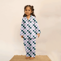 Fable Grid Cotton Notched Pyjama Set - Kids