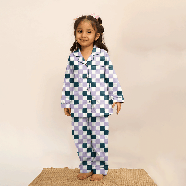 Fable Grid Cotton Notched Pyjama Set - Kids