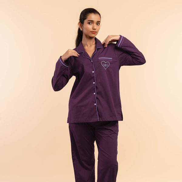 Mulberry Wine Embroidered Notched Collar Pyjama Set - Women