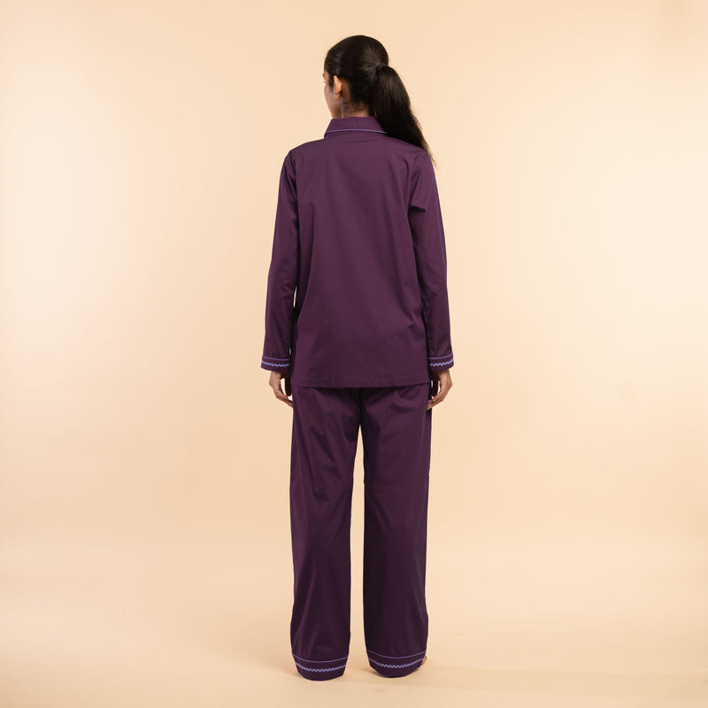 Mulberry Wine Embroidered Notched Collar Pyjama Set - Women