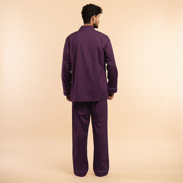 Mulberry Wine Embroidered Notched Pyjama Set For Men
