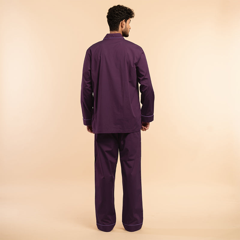 Mulberry Wine Embroidered Cotton Notched Pyjama Set For Men's