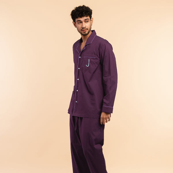 Mulberry Wine Embroidered Cotton Notched Pyjama Set For Men's