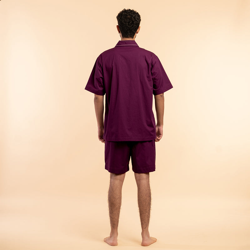 Mulberry Wine Cotton Notched Shorts Set