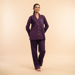 Mulberry Wine Embroidered Notched Collar Pyjama Set - Women