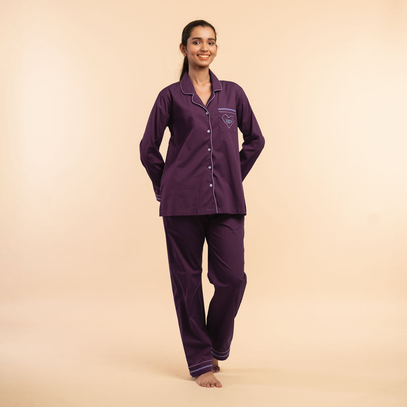 Mulberry Wine Embroidered Notched Collar Pyjama Set - Women