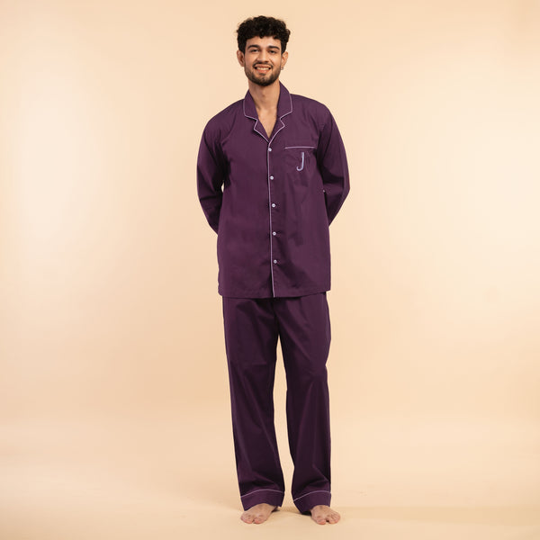 Mulberry Wine Embroidered Cotton Notched Pyjama Set For Men's
