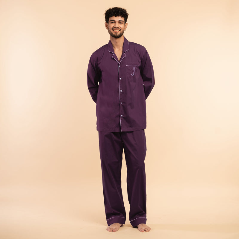 Mulberry Wine Embroidered Cotton Notched Pyjama Set For Men's