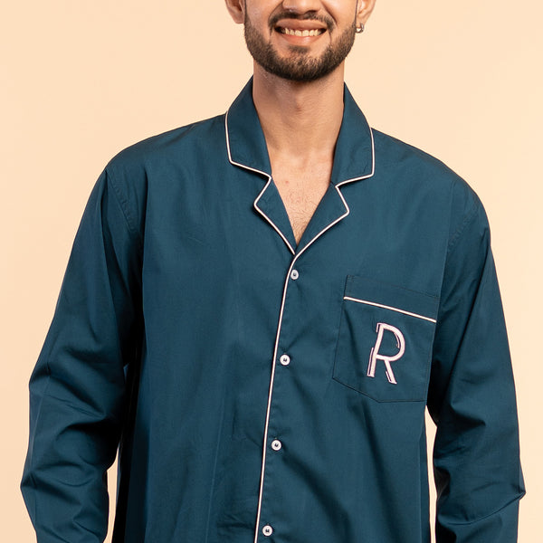 Deep Current Embroidered Notched Pyjama Set For Men