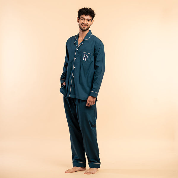 Deep Current Embroidered Notched Pyjama Set For Men