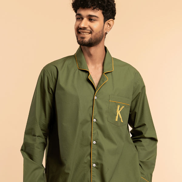 Wild Moss Embroidered Cotton Notched Pyjama Set For Men's