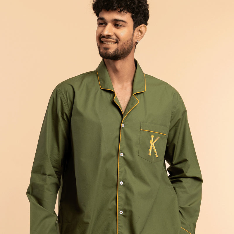 Wild Moss Embroidered Cotton Notched Pyjama Set For Men's