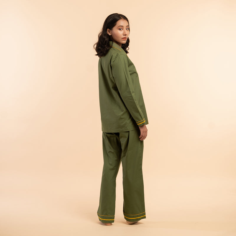 Wild Moss Embroidered Notched Collar Pyjama Set - Women