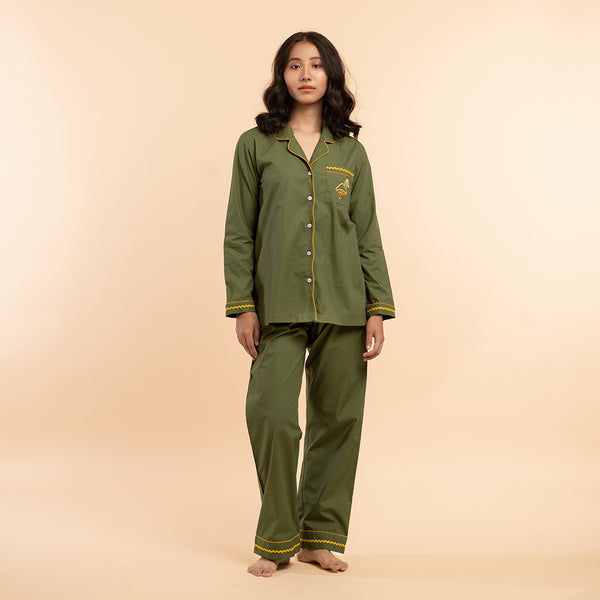 Wild Moss Embroidered Notched Collar Pyjama Set - Women