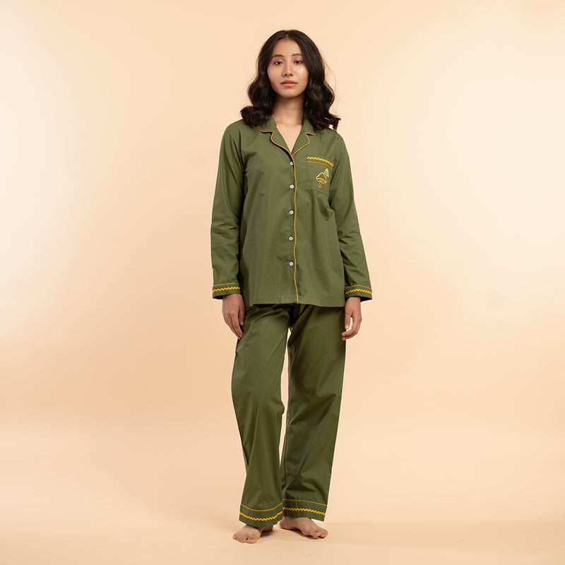 Wild Moss Embroidered Notched Collar Pyjama Set - Women