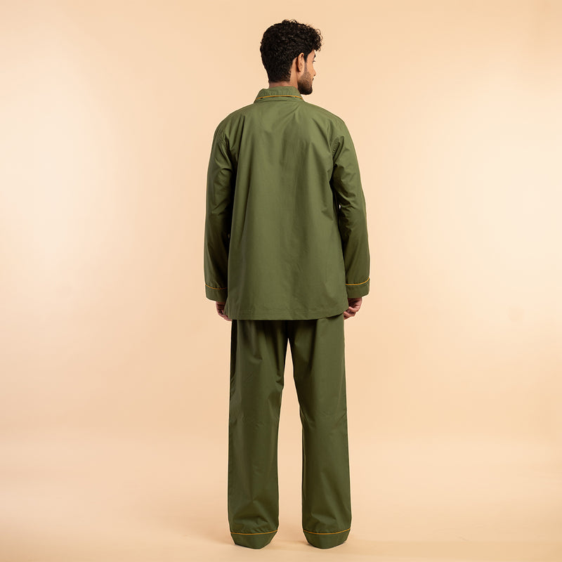 Wild Moss Embroidered Cotton Notched Pyjama Set For Men's