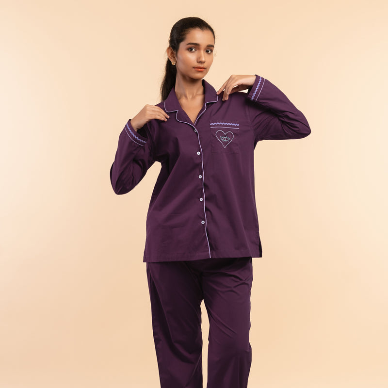 Mulberry Wine Embroidered Notched Collar Pyjama Set - Women