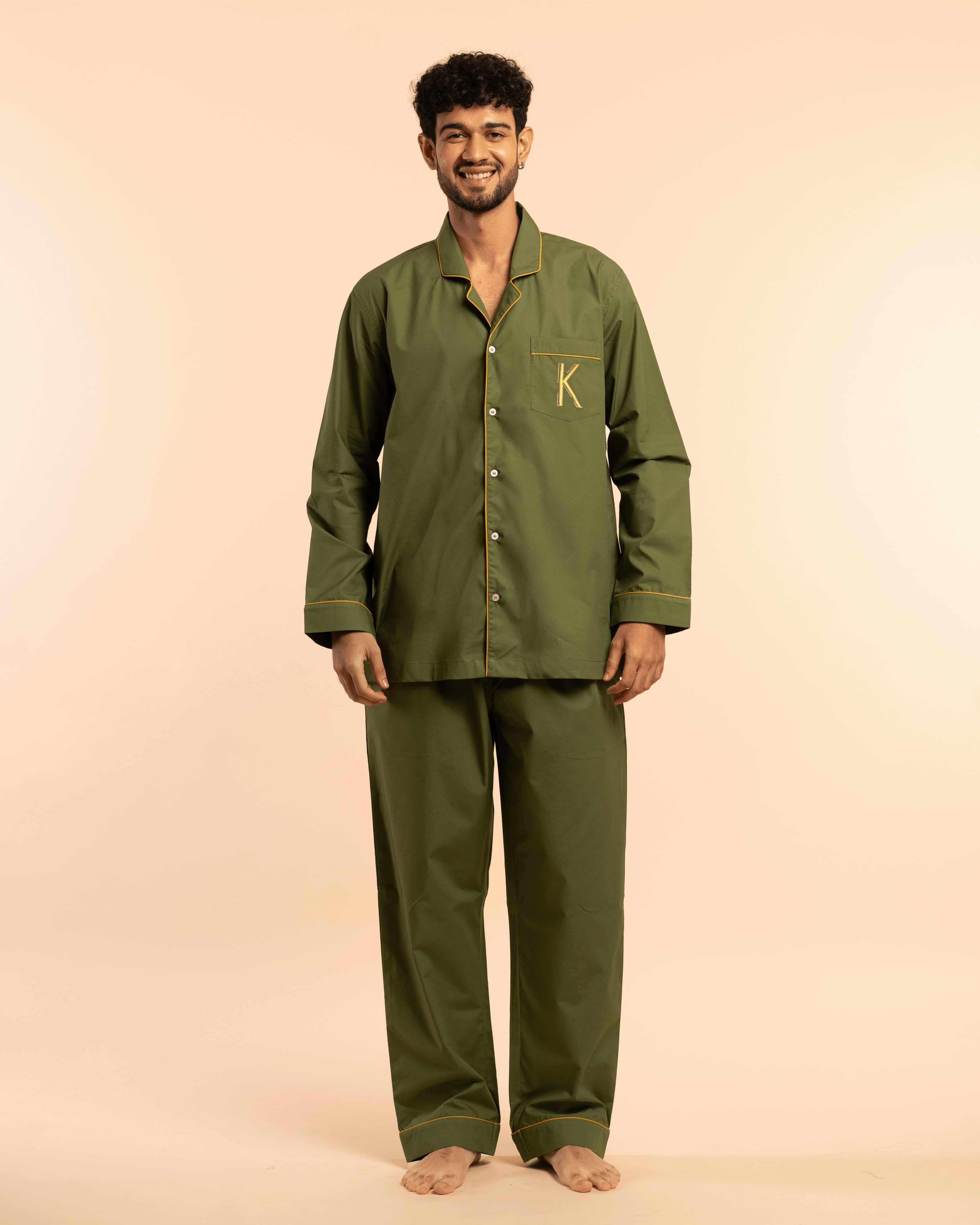 Wild Moss Embroidered Cotton Notched Pyjama Set - Men
