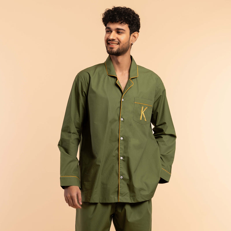 Wild Moss Embroidered Cotton Notched Pyjama Set - Men