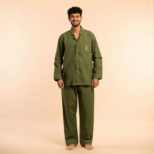 Wild Moss Embroidered Cotton Notched Pyjama Set - Men
