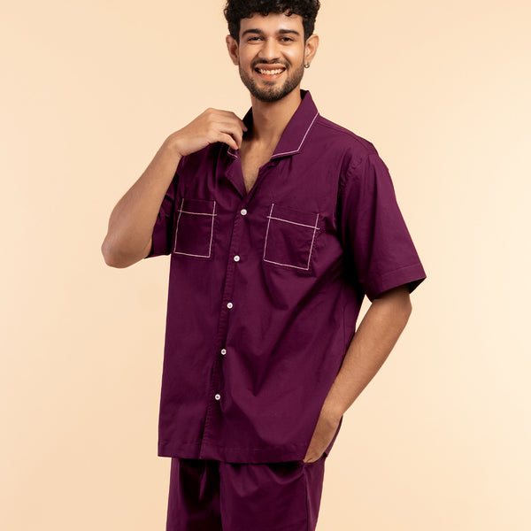 Mulberry Wine Cotton Notched Shorts Set