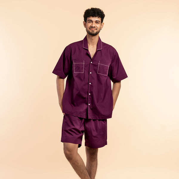 Mulberry Wine Cotton Notched Shorts Set