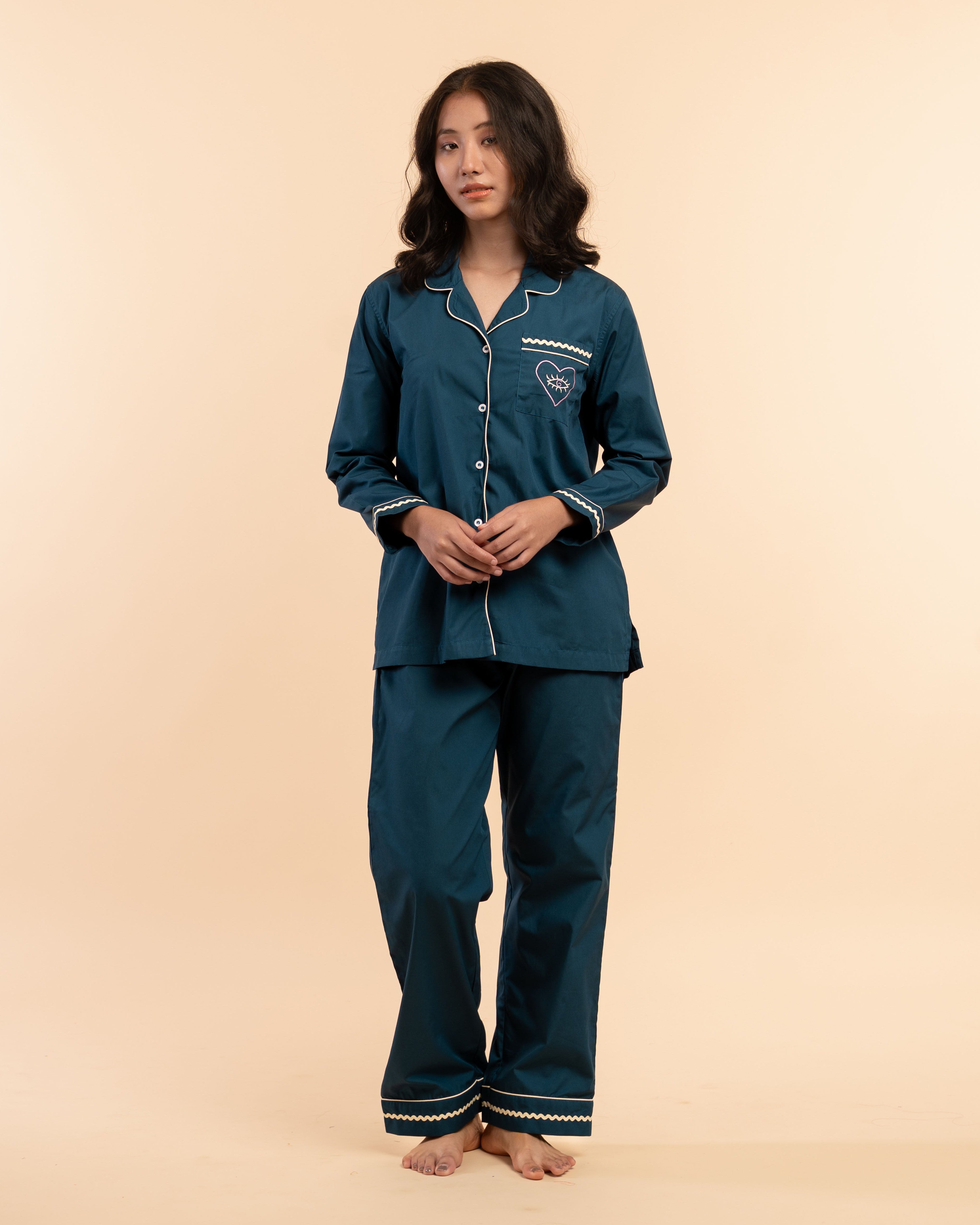 Deep Current Embroidered Notched Collar Pyjama Set - Women