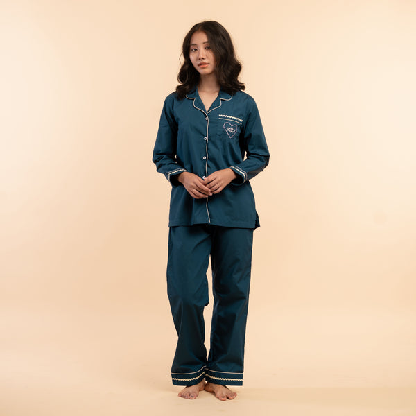 Deep Current Embroidered Notched Collar Pyjama Set - Women