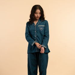 Deep Current Embroidered Notched Collar Pyjama Set - Women