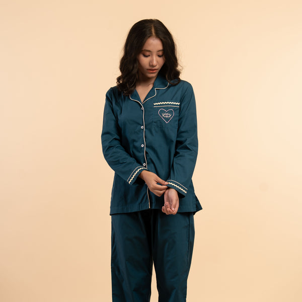 Deep Current Embroidered Notched Collar Pyjama Set - Women