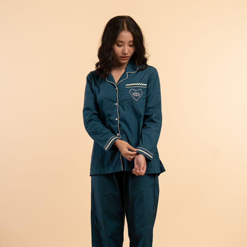 Deep Current Embroidered Notched Collar Pyjama Set - Women