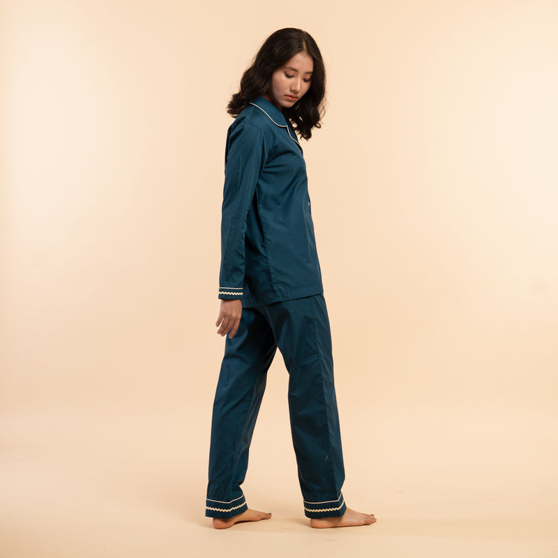 Deep Current Embroidered Notched Collar Pyjama Set - Women