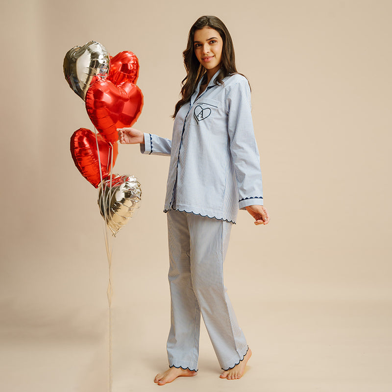 Baby Blues Embroidered Notched Collar Pyjama Set - Women