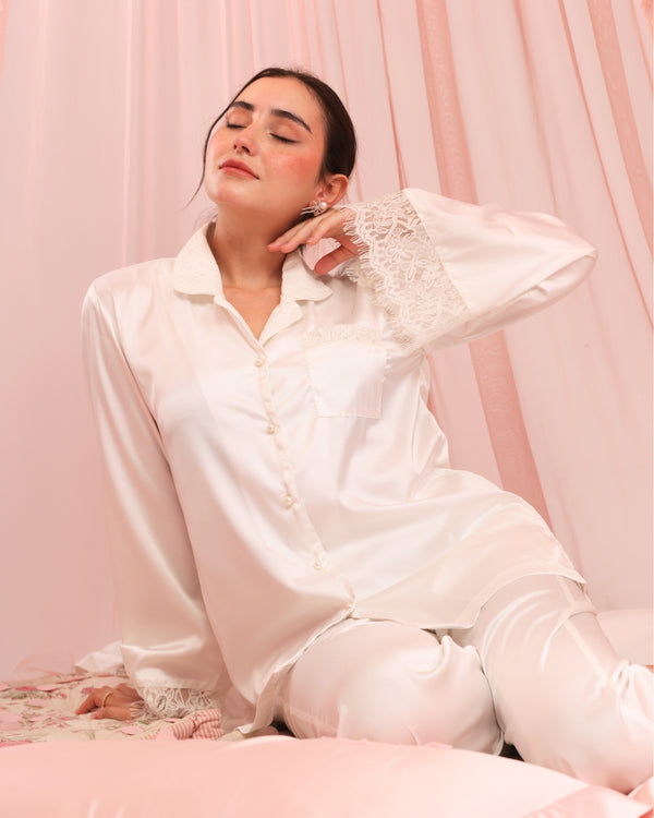 Pearl Satin Notched Collar Pyjama Set