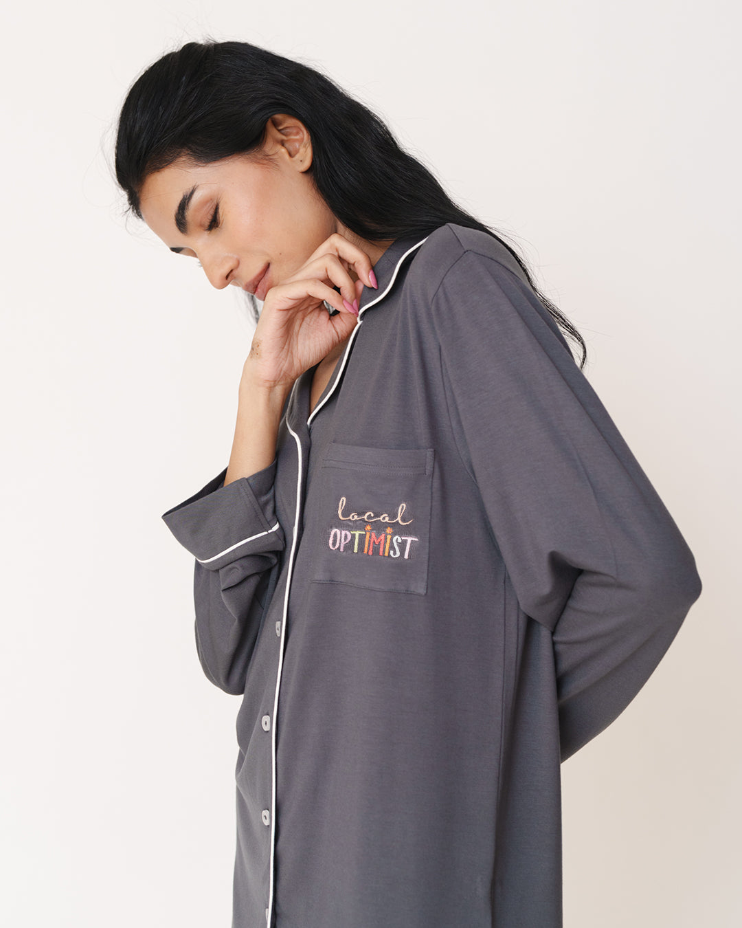 Mist Grey - Everyday Set <br> Women's Embroidered Knit Notch Collar Pajama Set