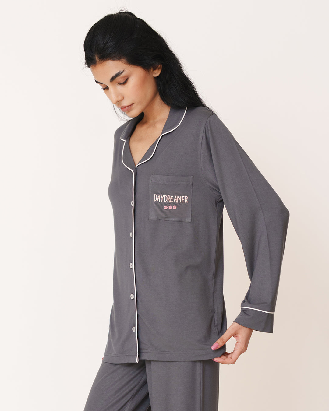 Mist Grey - Everyday Set <br> Women's Embroidered Knit Notch Collar Pajama Set
