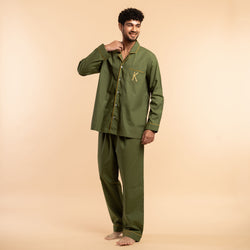 Wild Moss Embroidered Cotton Notched Pyjama Set For Men's