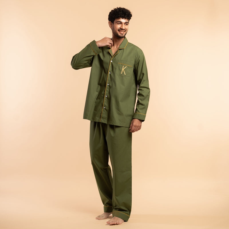Wild Moss Embroidered Cotton Notched Pyjama Set For Men's