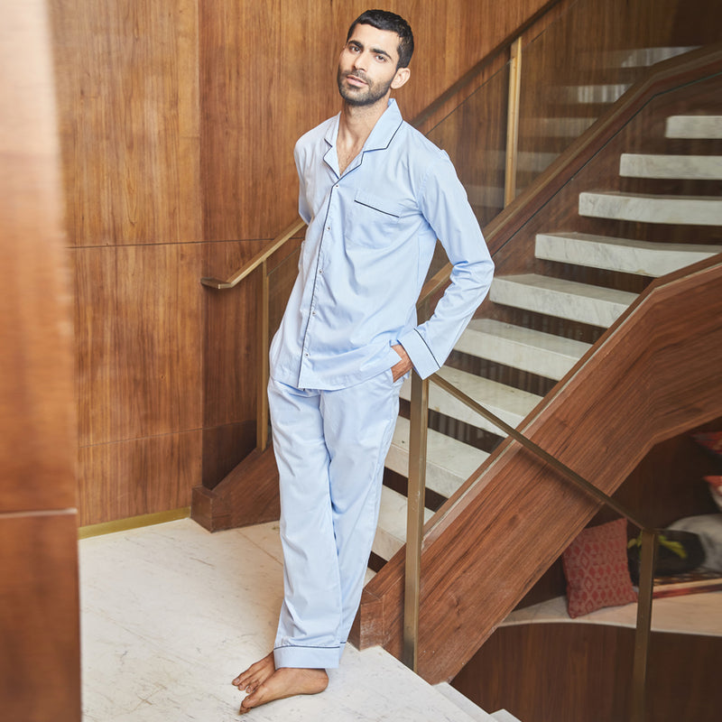 Light Blue Cotton Notched Pyjama Set