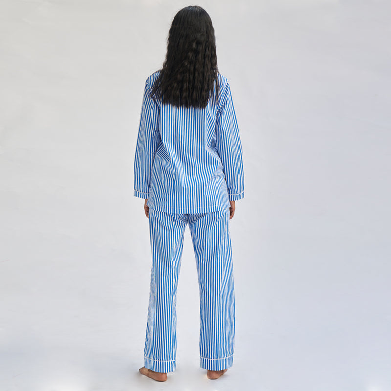 Floaty Sky Embroidered Cotton Notched Collar Pyjama Set