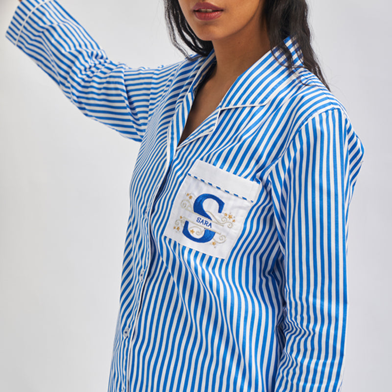 Floaty Sky Embroidered Cotton Notched Collar Pyjama Set
