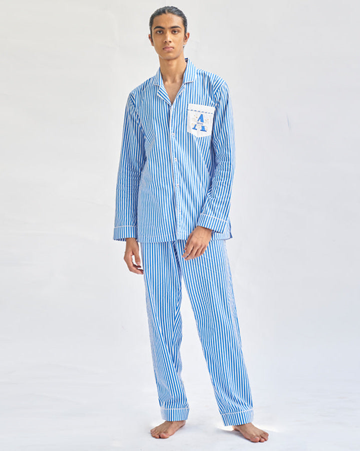 Floaty Sky - Everyday Set<br>Men's Embroidered Cotton Notch Collar Pajama Set