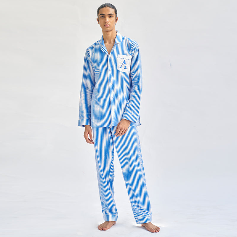 Floaty Sky Cotton Embroidered Notched Pyjama Set