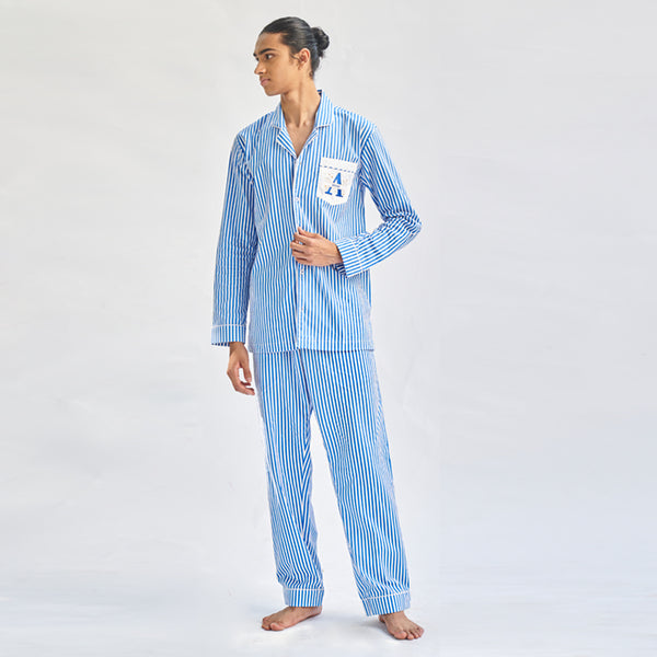 Floaty Sky Cotton Embroidered Notched Pyjama Set
